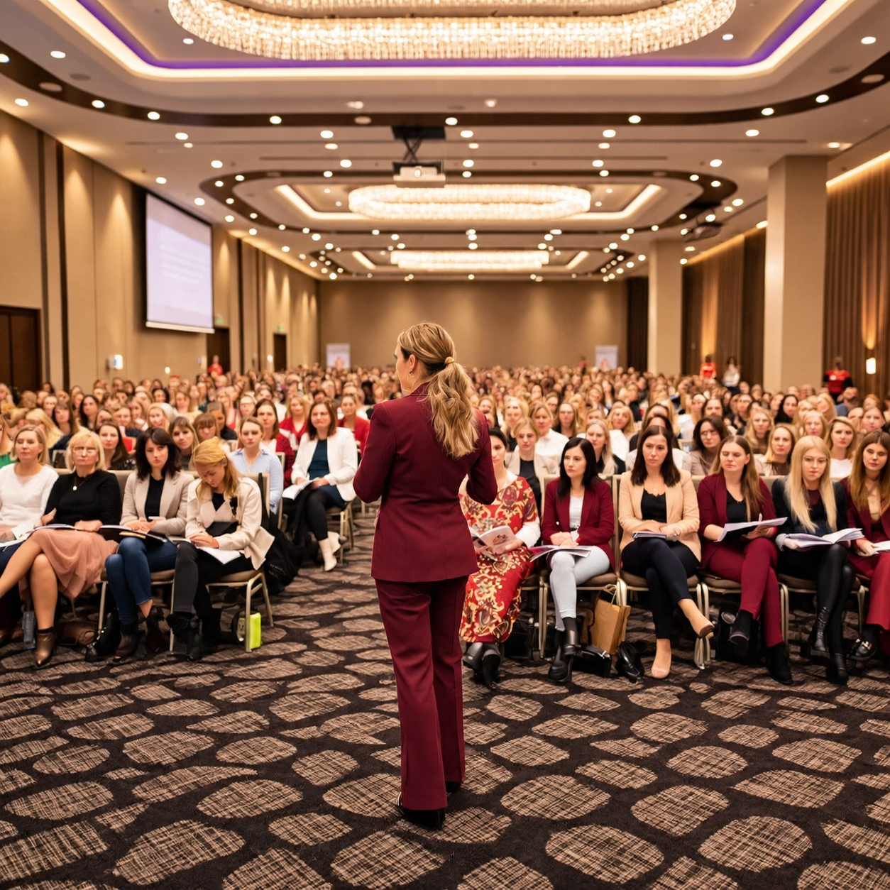 A speaker addressing a packed literary event in a grand ballroom