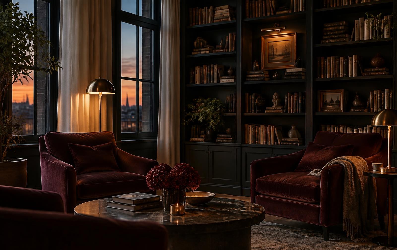 An intimate reading lounge with velvet armchairs and dark bookshelves